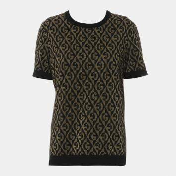 Pre Owned Gucci Black Knit Fabric GG Pattern Short-Sleeve Top L