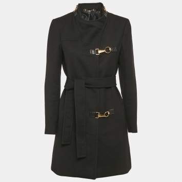 Pre Owned Gucci Black Wool Hook Detail Belted Trench Coat M