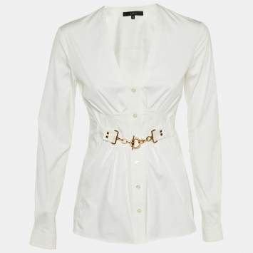 Gucci White Cotton Chain Detail V-Neck Top S