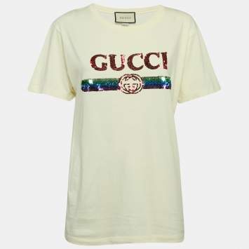 Gucci Light Yellow Logo Embroidered Cotton Oversized T-Shirt XS