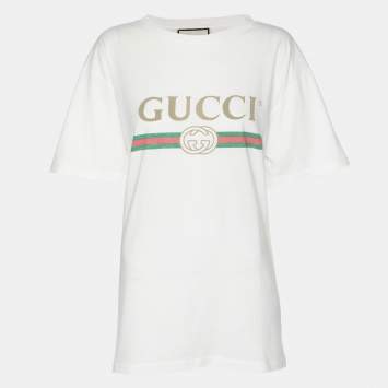 Gucci White Vintage Logo Print Jersey Distressed T-Shirt S