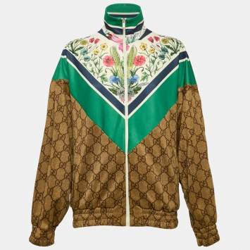 Gucci Brown/Green Floral and GG Print Jersey Zip-Up Track Jacket XXS