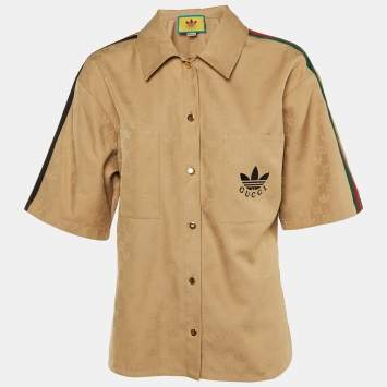 Pre Owned Gucci x Adidas Brown GG and Trefoil Jacquard Button-Up Shirt L