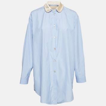 Pre Owned Gucci Blue Striped Cotton Pearl Embellished Collar Shirt M