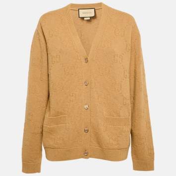 Pre Owned Gucci Brown GG Supreme Jacquard Knit Long Sleeve Cardigan M