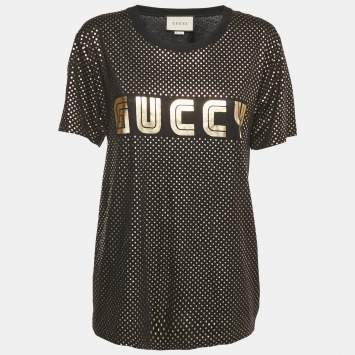 Pre Owned Gucci Black Starts Print Cotton Half Sleeve T-Shirt S