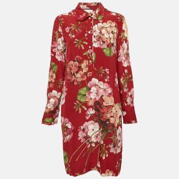 Pre Owned Gucci Burgundy Floral Printed Silk Ruffle Collar Mini Dress M