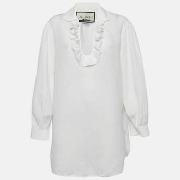 Pre Owned Gucci White Leather Buckle Trim Linen Ruffled Blouse M