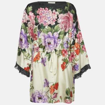 Gucci Black/Cream Floral Print Silk Cinched Waist Short Dress XS