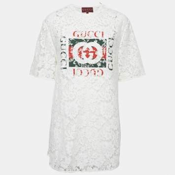 Gucci White Vintage Logo Print Lace Mini Dress M