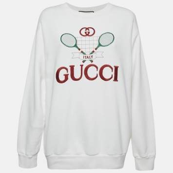 Pre Owned Gucci White Tennis Embroidery Cotton Oversized Sweatshirt M