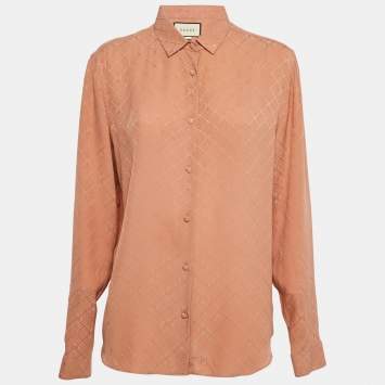 Pre Owned Gucci Coral Rose Pink Monogram Jacquard Silk Button Front Shirt L