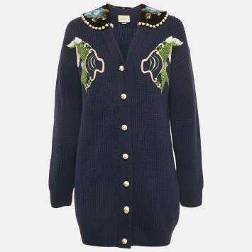 Gucci Navy Blue Embroidered Wool Pearl Detail Button Front Cardigan XS