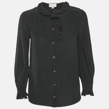 Gucci Black Silk Ruffled Long Sleeve Shirt M