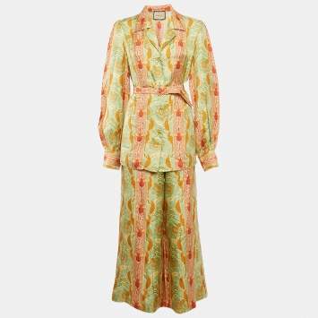 Gucci Green/Orange Floral Print Silk Shirt and Pants Set L
