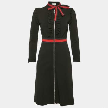 Pre Owned Gucci Black Crepe Web Detail Ruffled Knee Length Dress S
