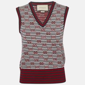 Gucci Navy Blue GG Striped Knit Sleeveless Jumper L