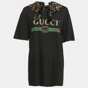 Gucci Black Cotton Knit Detachable Embellished Coollar Detail T-Shirt L