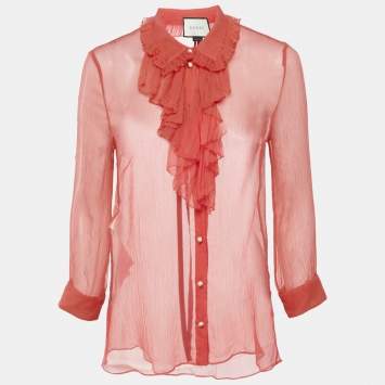 Gucci Pink Silk Chiffon Ruffle Neck Detail Button Front Sheer Top M