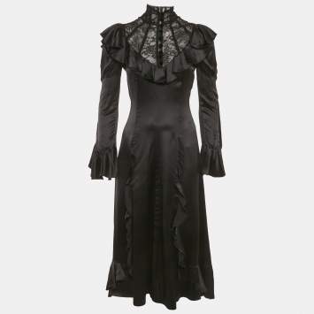 Gucci Black Lace Trim Satin Ruffled Midi Dress S