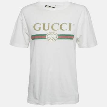 Gucci White Vintage Logo Print Jersey Distressed T-Shirt XXS