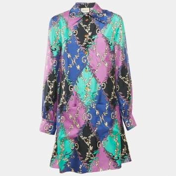Pre Owned Gucci Purple GG Rhombus Ramage Silk Shirt Dress M