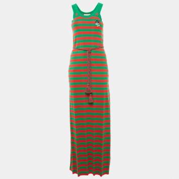 Gucci Green/Red Striped Rib Knit Belted Maxi Dress S