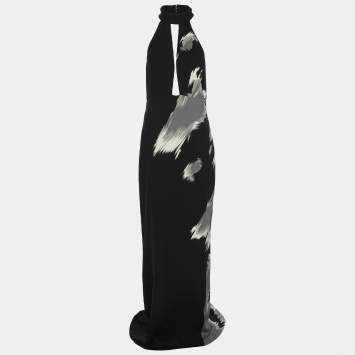 Pre Owned Gucci Black/Grey Silk Halter Dress M