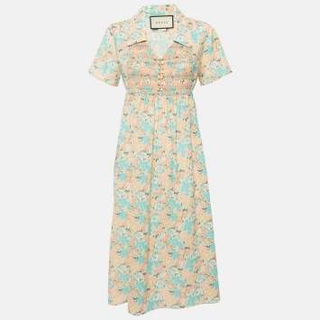 Gucci x Liberty Blue Floral Print Wool Shirring Detail Midi Dress M