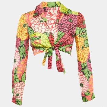 Gucci x Ken Scott Multicolor Floral Print Silk Crop Wrap Top S