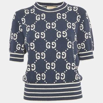 Pre Owned Gucci Navy Blue GG Intarsia Knit Sweater XL 
