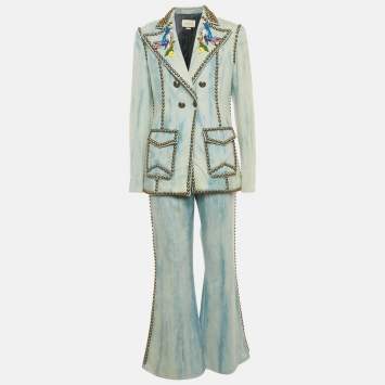 Gucci Blue Embroidered Denim Stud Detail Jacket and Jeans Set L/M