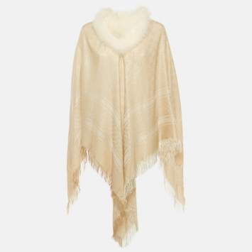 Gucci Beige Fur Trim Lamé Wool Poncho One Size 