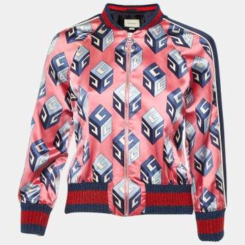 Gucci Pink GG Print Silk Satin Duchesse Bomber Jacket S