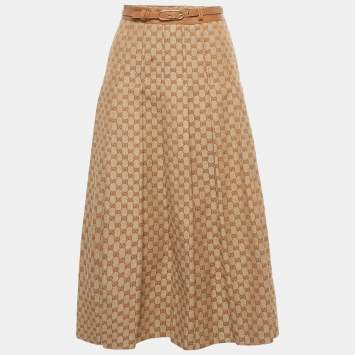 Pre Owned Gucci Brown GG Canvas Pleated Midi Dress S