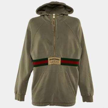 Gucci Grey Cotton Knit Logo Stripe Detail Oversized Hoodie XS