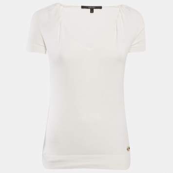 Pre Owned Gucci White Cotton Knit GG Logo Detail V-Neck T-Shirt S