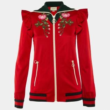 Gucci Red Cotton Blend Knit Floral Patch Detail Zip-Up Jacket S