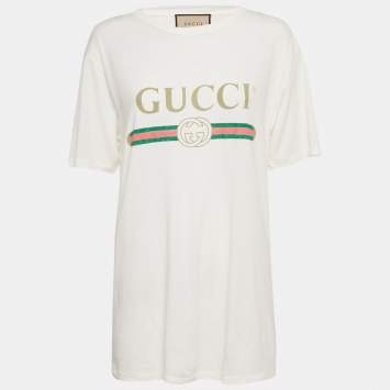 Pre Owned Gucci White Vintage Logo Print Jersey Distressed T-Shirt S