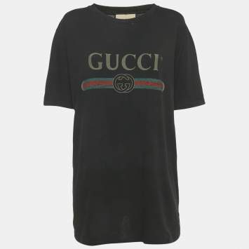 Pre Owned Gucci Black Vintage Logo Print Jersey Distressed T-Shirt M
