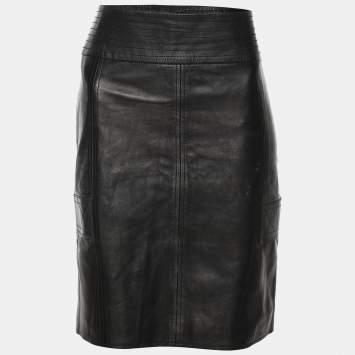 Pre Owned Gucci Black Leather Midi Skirt M
