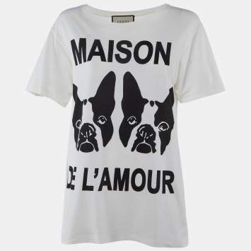Pre Owned Gucci Off White Maison De L'Amour Print Cotton Crew Neck Half Sleeve T-Shirt XS