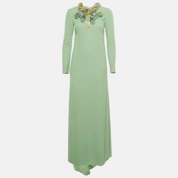 Pre Owned Gucci Mint Green Neck Embellished Silk Long Sleeve Maxi Dress S