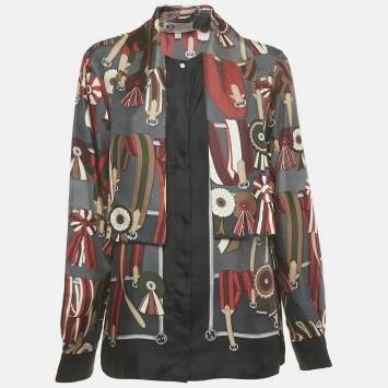 Pre Owned Gucci Vintage Grey Printed Silk Neck Tie Detail Blouse L
