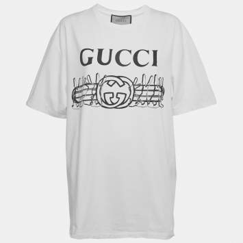 Pre Owned Gucci White Logo Print Cotton Crewneck T-Shirt XXL