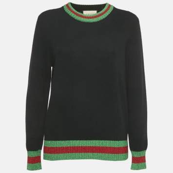 Pre Owned Gucci Black Wool & Lamé  Web Trim Detail Sweater L