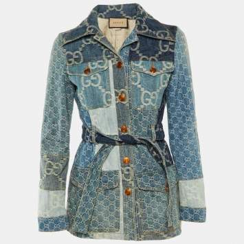Pre Owned Gucci Blue GG Denim Patchwork Belted Jacket S