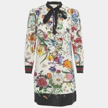 Pre Owned Gucci Multicolor Floral Print Silk Ruffled Mini Dress M