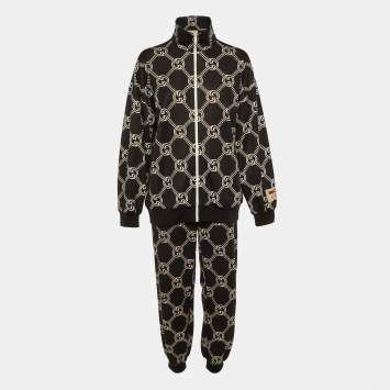 Pre Owned Gucci Black Interlocking G Cotton Blend Zip Jacket & Joggers Set L
