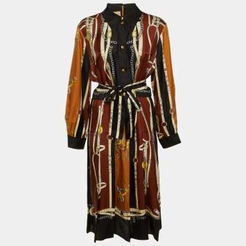 Pre Owned Gucci Brown & Black Equestrian Printed Silk Belted Maxi Dress L